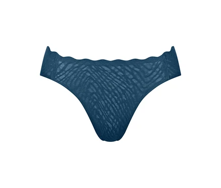 Dunkelblauer, transparenter Stringtanga aus gemustertem Netzstoff mit gewelltem Bund.