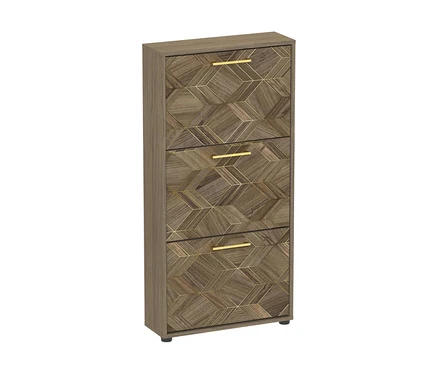 Hoher, schmaler Schuhschrank »Glenn« in Holzoptik mit geometrischem Muster und goldenen Linien, 3 Klappen mit goldenen Griffen.