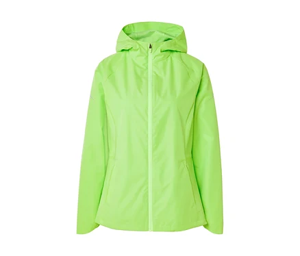 Eine neongrüne, gefütterte Jacke mit Kapuze ist mit einem Reißverschluss geschlossen.