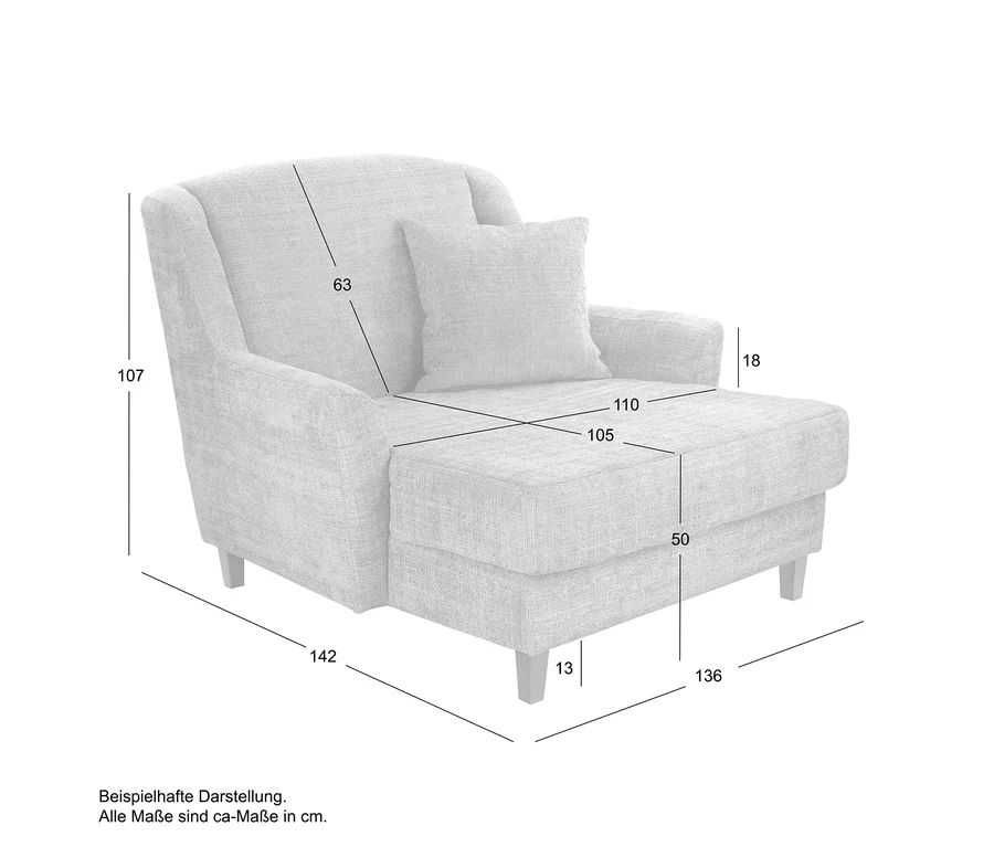 Ein hellgrauer Chaiselongue-Sessel mit hoher Rückenlehne, Armlehnen und verlängerter Fußstütze. Verschiedene Maße in Zentimetern sind auf dem Sessel abgebildet.