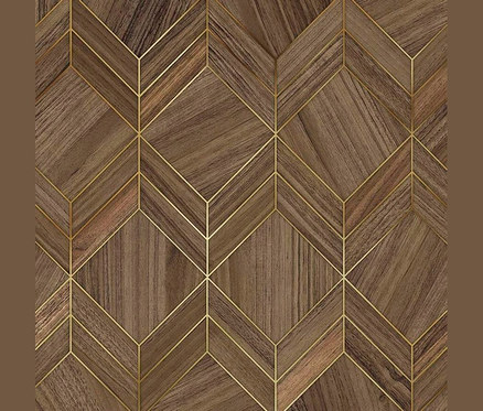 Geometrisches Muster aus braunen Holzmaserungsplatten mit dünnen goldenen Linien, die Rauten- und Chevronformen bilden.