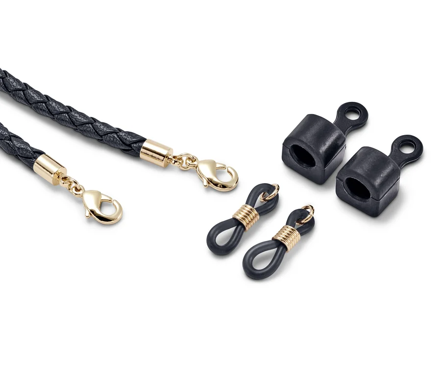 Eine geflochtene, schwarze Multifunktionskette mit Karabiner und Zubehör für Brillen, Masken und In-Ear-Kopfhörer.