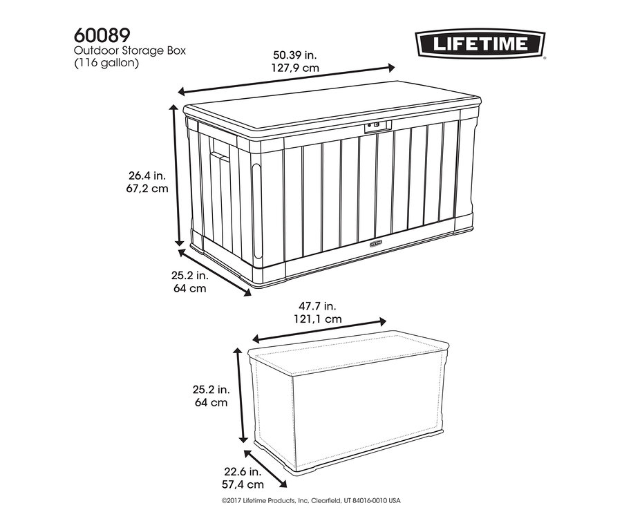 Zeichnung einer rechteckigen Lifetime-Kissenbox, ca. 440 l, für den Außenbereich mit Maßangaben.