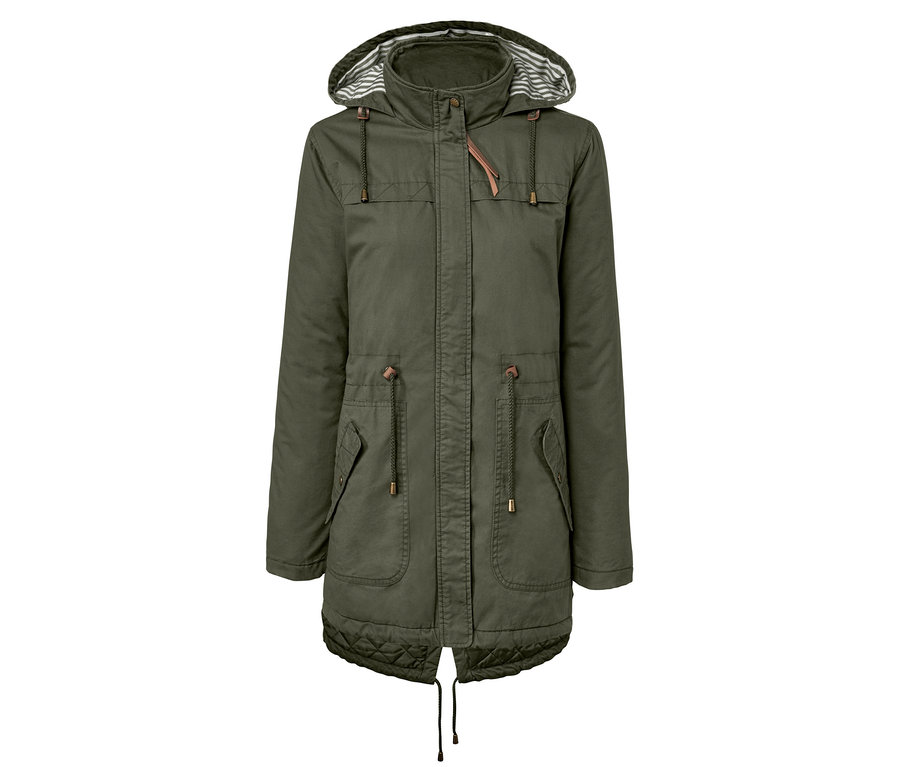 Eine grüne Parka mit Kapuze und Kordelzug.