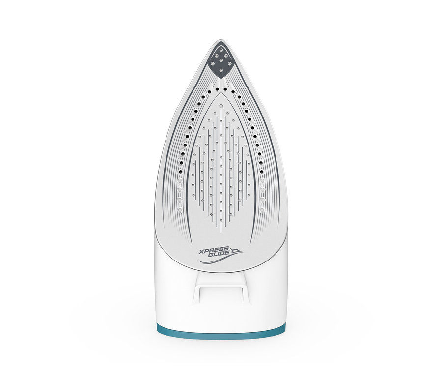 Detailaufnahme einer weißen Tefal-Dampfbügelstation »Express Easy SV6140« mit grauer Bügelsohle.