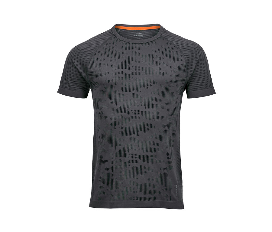 Graues Klima-Tec-Funktionsshirt mit kurzen Ärmeln und perforiertem Muster auf weißem Hintergrund.