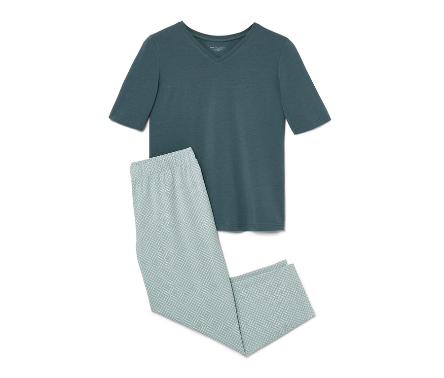Ein dunkelgrüner Pyjama mit Hose mit Alloverprint.