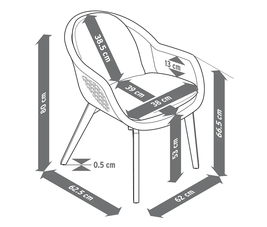 Abmessungen des Premium-Schalenstuhls mit Polyrattangeflecht.
