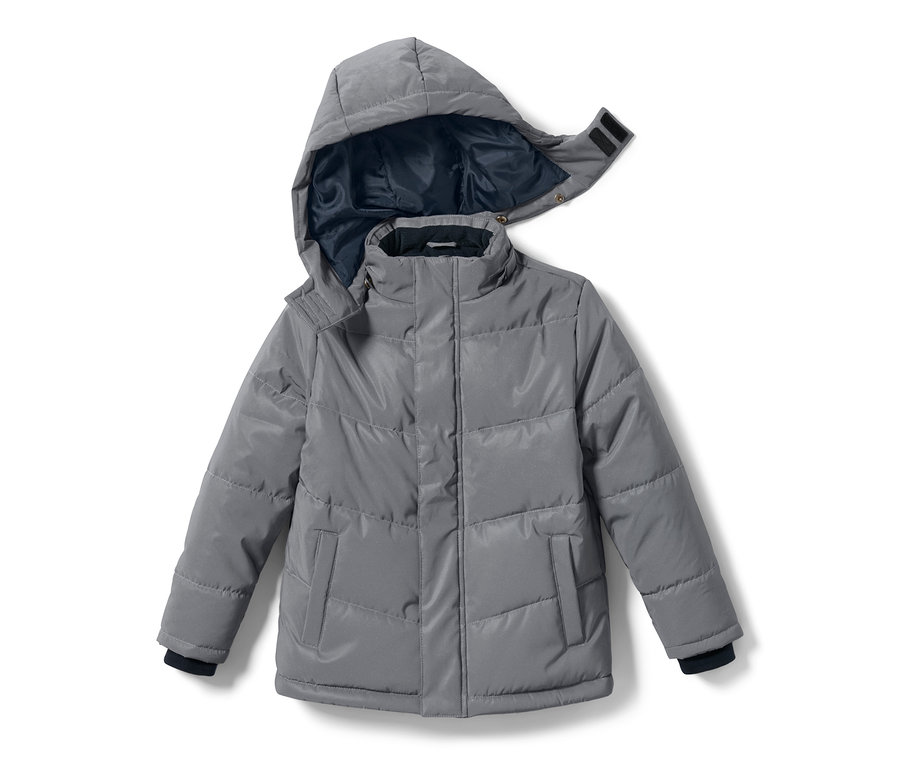 Graue, reflektierende Kinder-Steppjacke mit Kapuze.