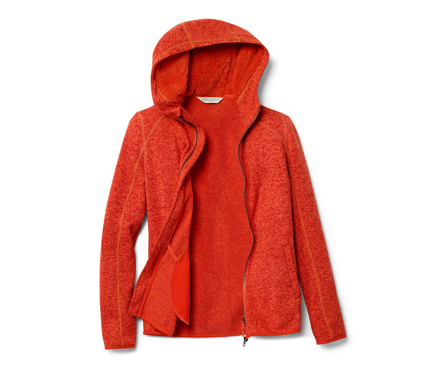 Orange melierte Kapuzen-Strickfleecejacke, teilweise geöffnet.