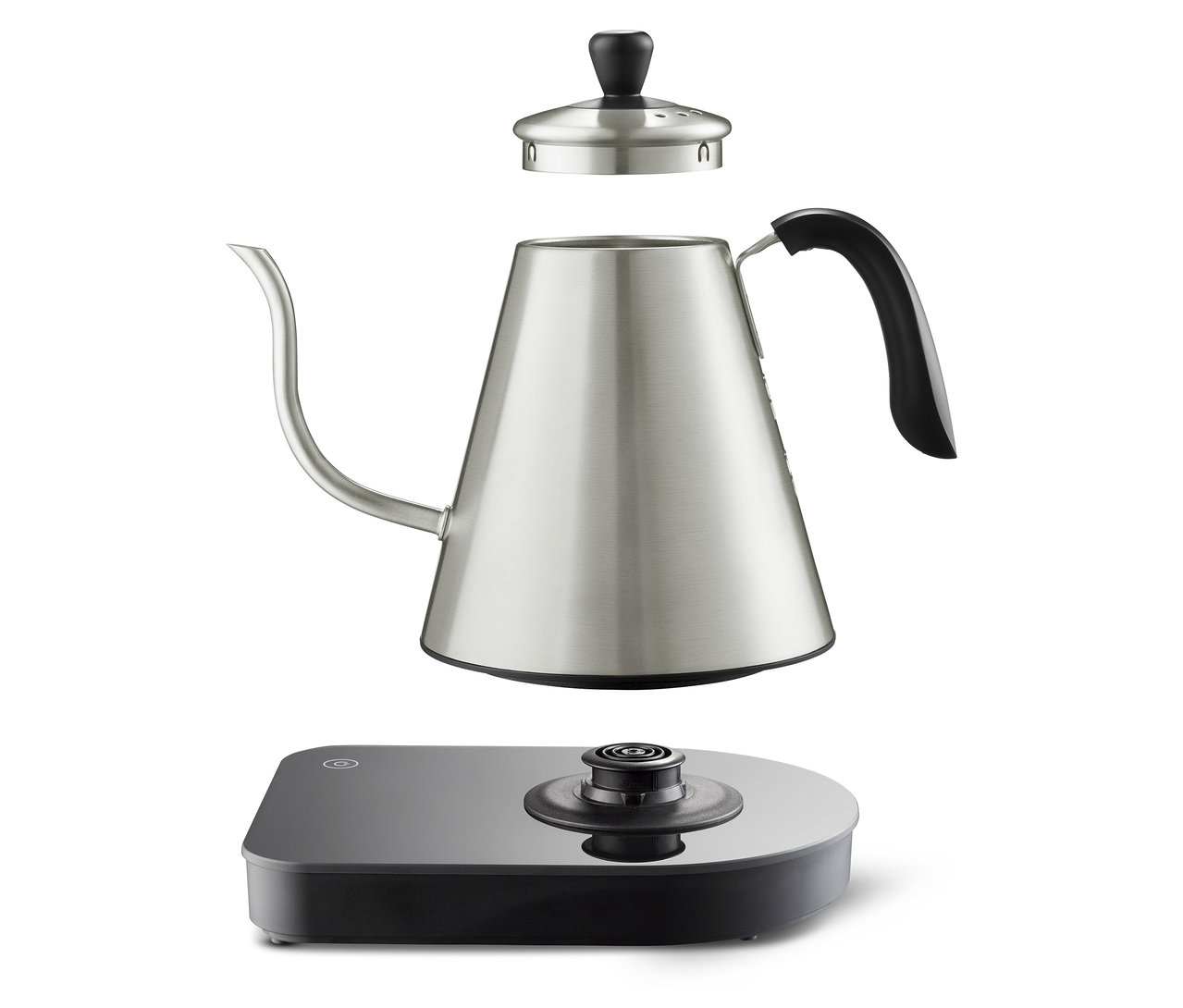 Ein elektrischer Schwanenhalskessel, Deckel und Basis sind getrennt.