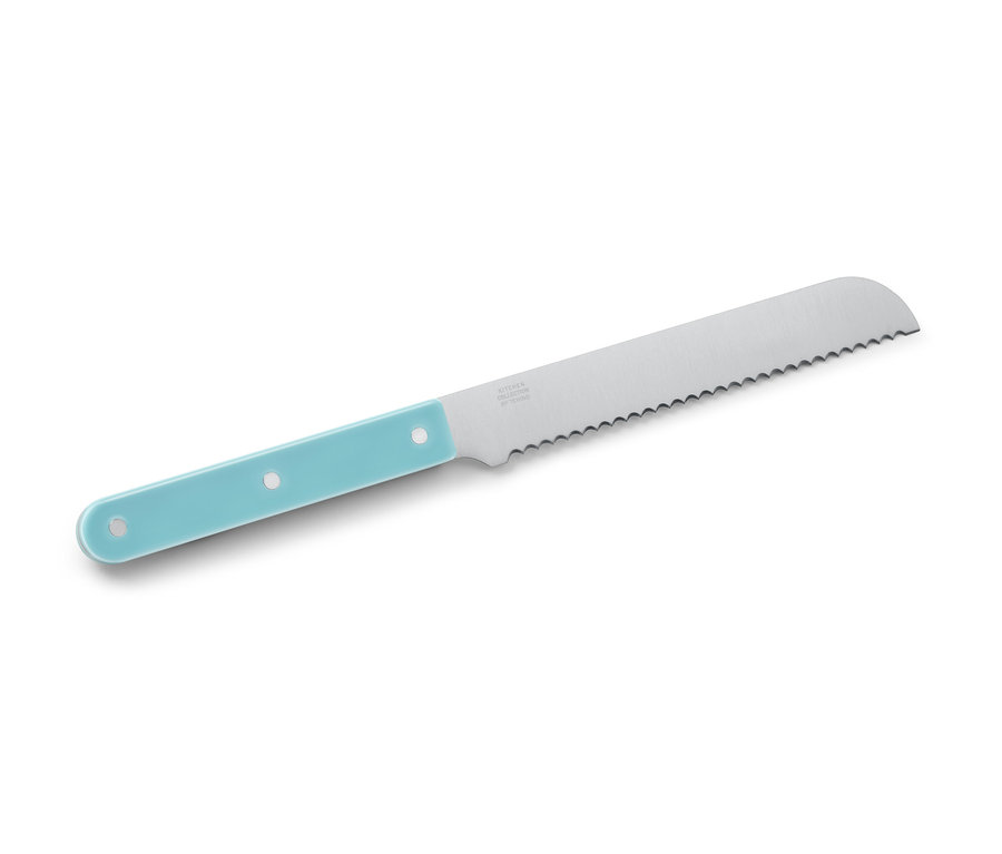 Ein Küchenmesser mit blauem Griff und gezackter Klinge.