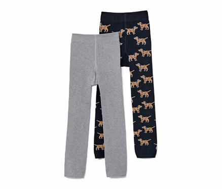 Zwei Kinder-Strickleggings mit Stickerei, eine grau, die andere marineblau mit Hundemuster.