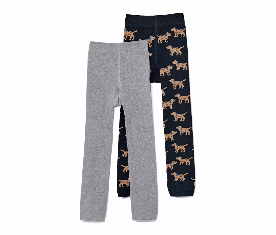 Zwei Kinder-Strickleggings mit Stickerei, eine grau, die andere marineblau mit Hundemuster.