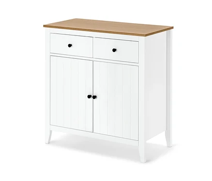 Weißes Sideboard mit zwei Schubladen und Türen.