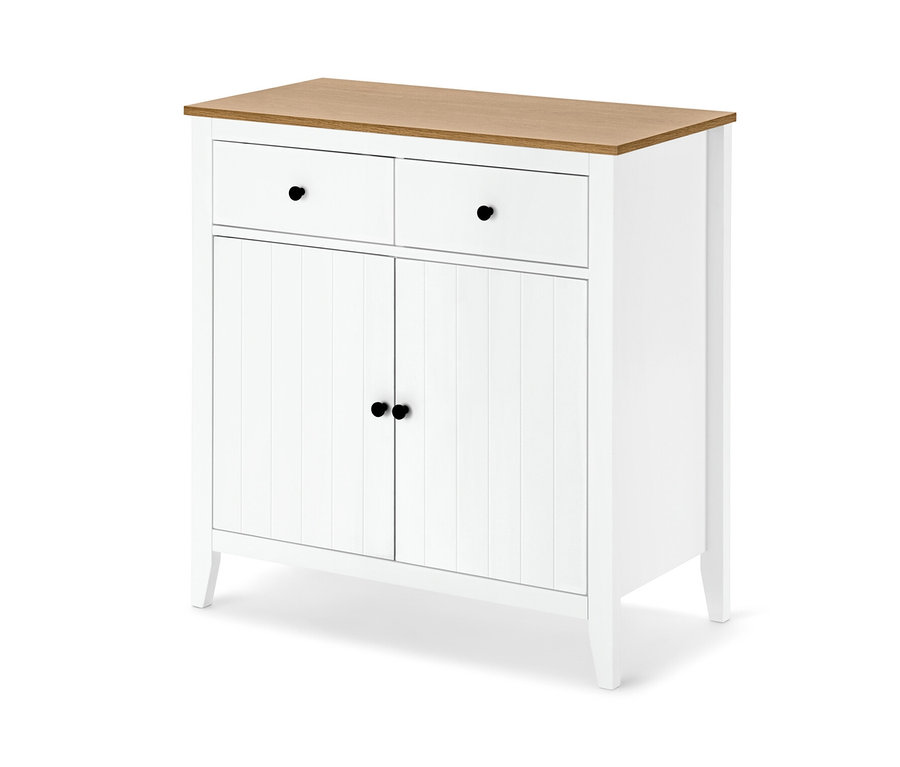 Weißes Sideboard mit zwei Schubladen und Türen.