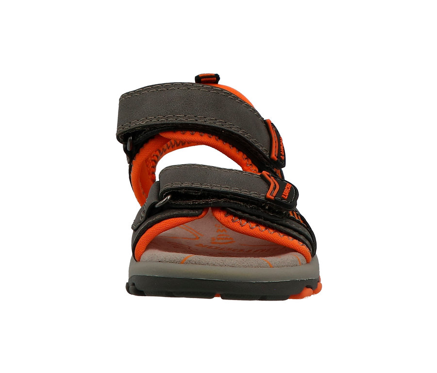 Graue Lurchi Trekkingsandale mit orangen Details von vorne.