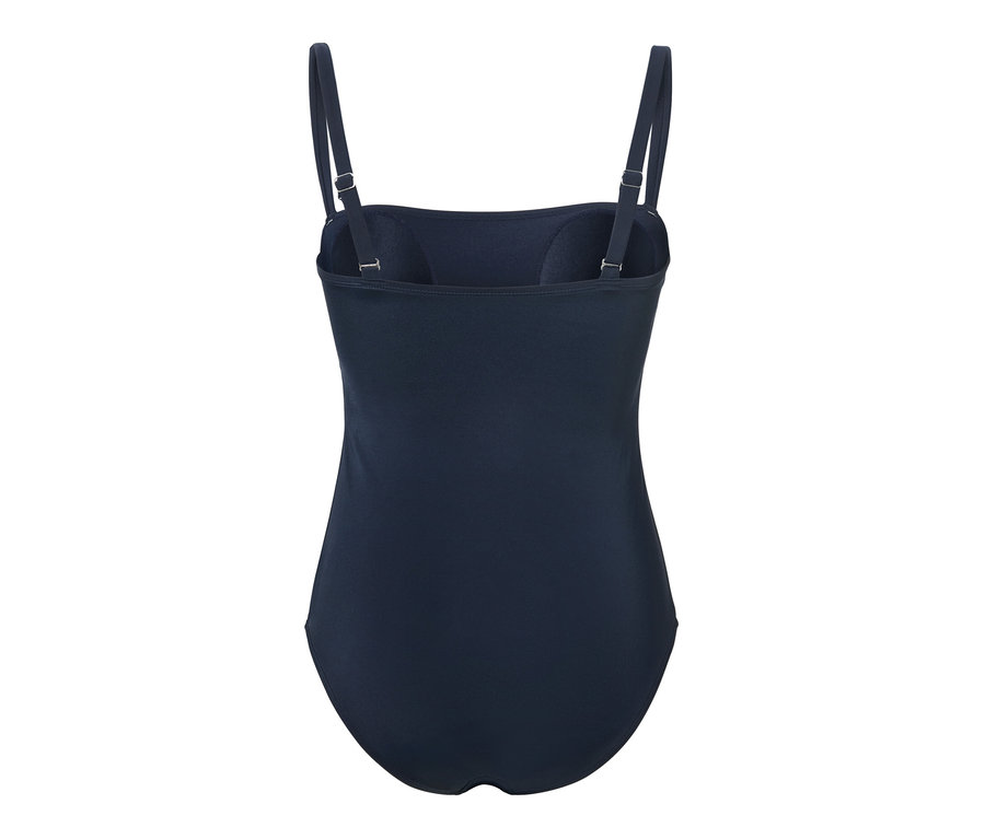 Detailansicht eines marineblauen Badeanzugs mit Trägern.