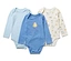 Drei blaue Baby-Bodys mit Mitwachsfunktion.