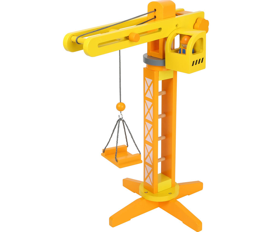 Gelb-orangener small foot Baukran mit Baustellenzubehör und kleiner Arbeiterfigur in der Kabine.