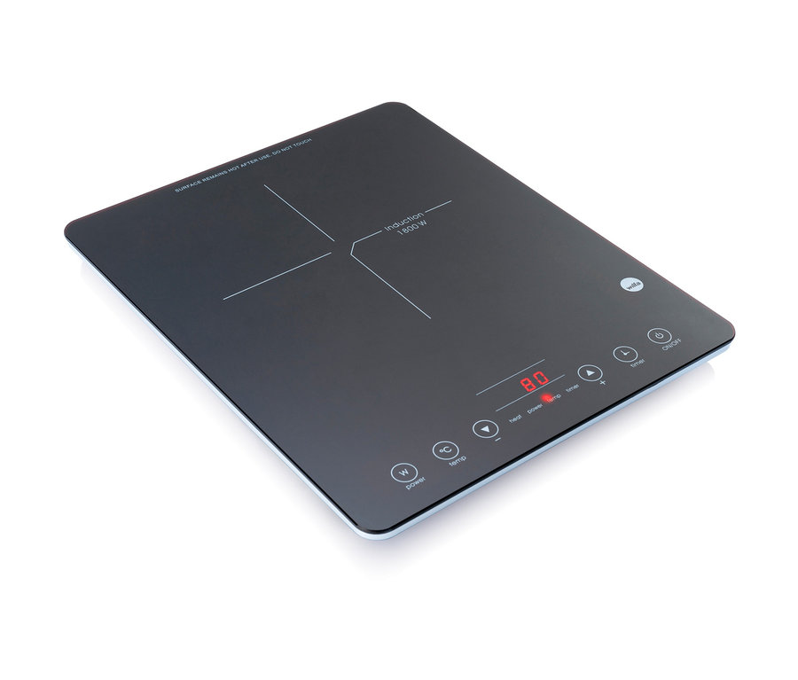 Schwarze WILFA Induktions-Kochplatte »ICP-1800B« mit digitaler Anzeige und Touch-Bedienfeld.