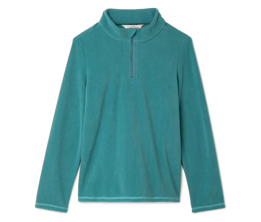 Türkisfarbenes Fleece-Oberteil mit langen Ärmeln und kurzem Reißverschluss.