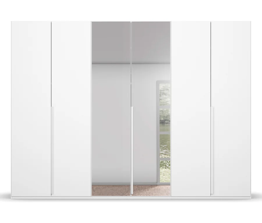 Weißer 6-türiger Spiegel-Kleiderschrank.