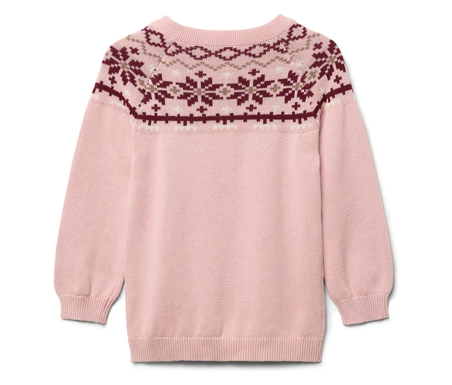 Rosa Pullover mit Weihnachtsmuster im oberen Bereich.