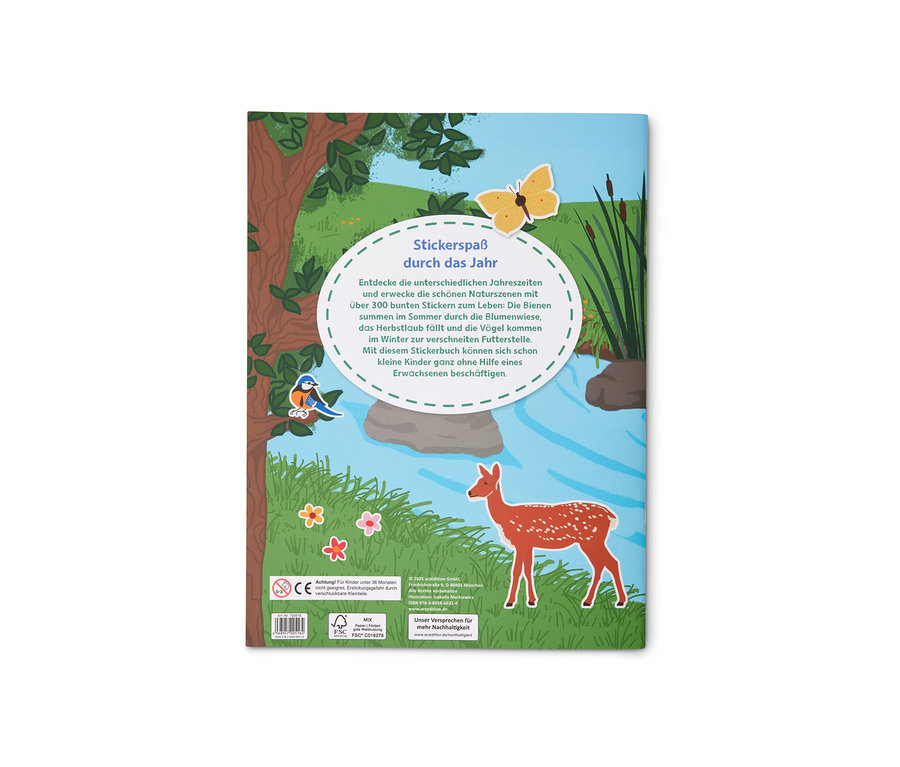 Rückseite des Mein Stickerbuch »Jahreszeiten« mit einer Illustration eines Rehs an einem Bach, einem Baum, einem Vogel und einem Schmetterling.