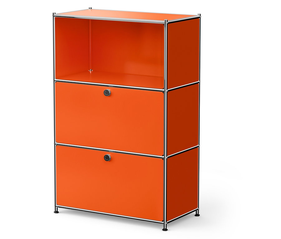 Orangefarbenes modulares Regal mit zwei Schubladen und einem offenen oberen Fach.