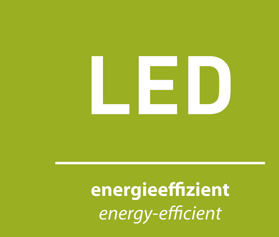 Grüner Hintergrund mit weißem Text "LED", einer horizontalen Linie und dem Text "energieeffizient energy-efficient".