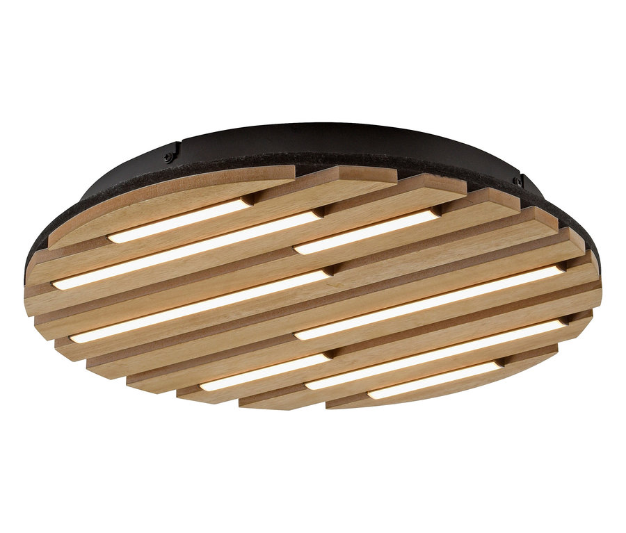 Runde Deckenleuchte mit Holzlamellen und integrierter LED-Beleuchtung.