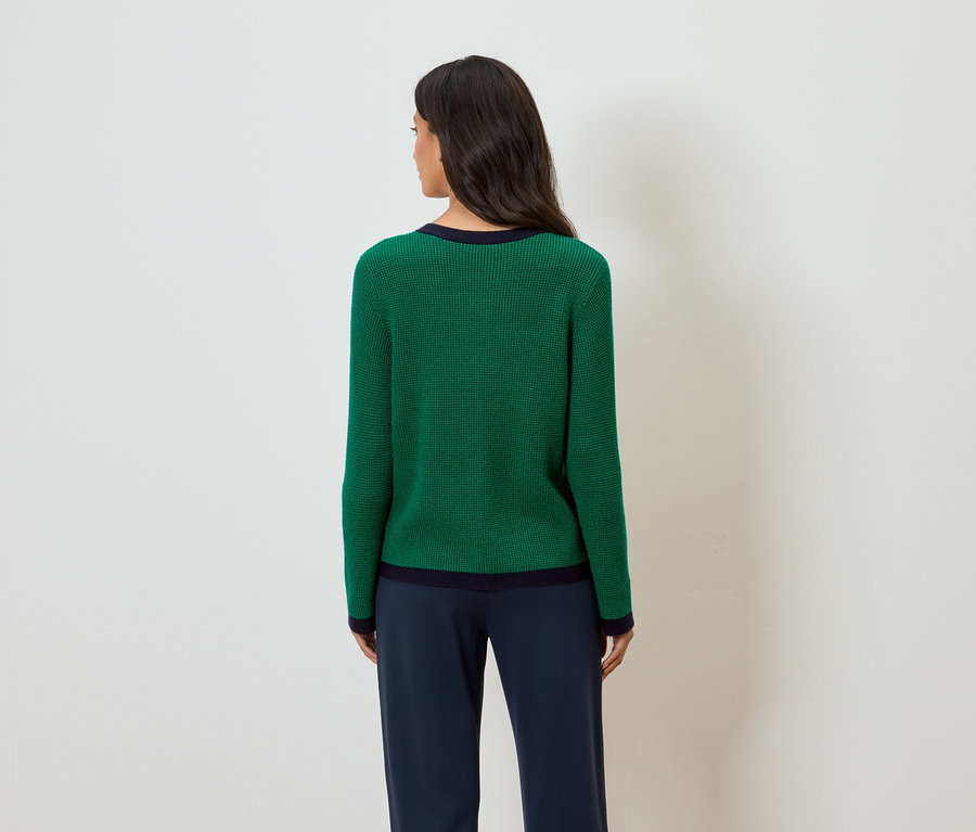 Rückansicht einer Frau mit langen dunklen Haaren, die einen grünen Pullover mit marineblauem Saum und marineblaue Hosen trägt.