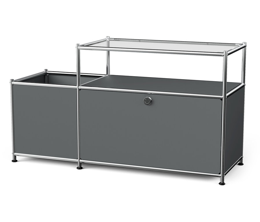 Graues Lowboard Metall »CN3« mit Klappenfach und Glasplatte.
