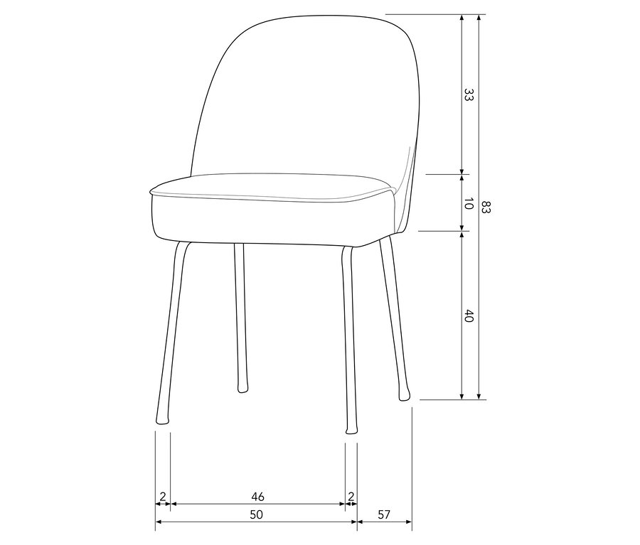 Diagramm eines honiggelben BePureHome Esszimmerstuhls »Vogue« mit Maßangaben.