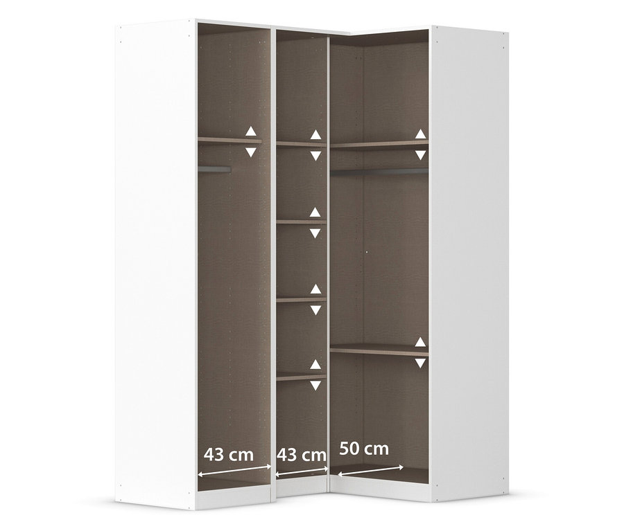 Eckkleiderschrank mit Regalen und Kleiderstange.