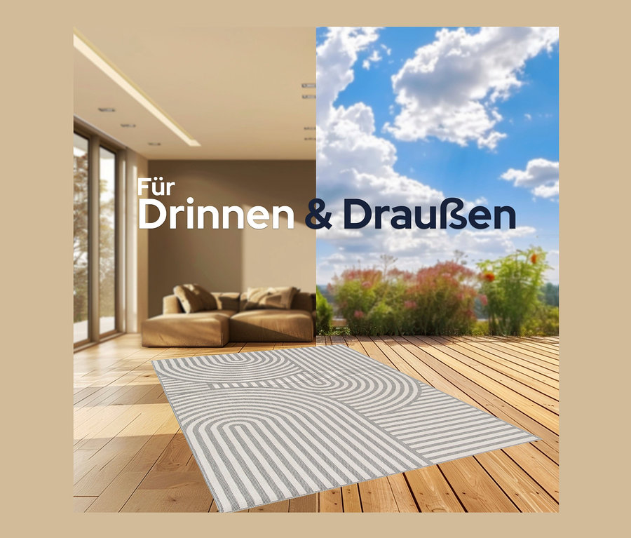 Ein Teppich mit geometrischem Muster liegt auf einem Holzboden zwischen Innen- und Außenbereich. Verfügbare Größen sind Outdoor-Teppich »Arc Symphony«, 80 x 150 cm, 200 x 290 cm, 160 x 230 cm, 120 x 170 cm.