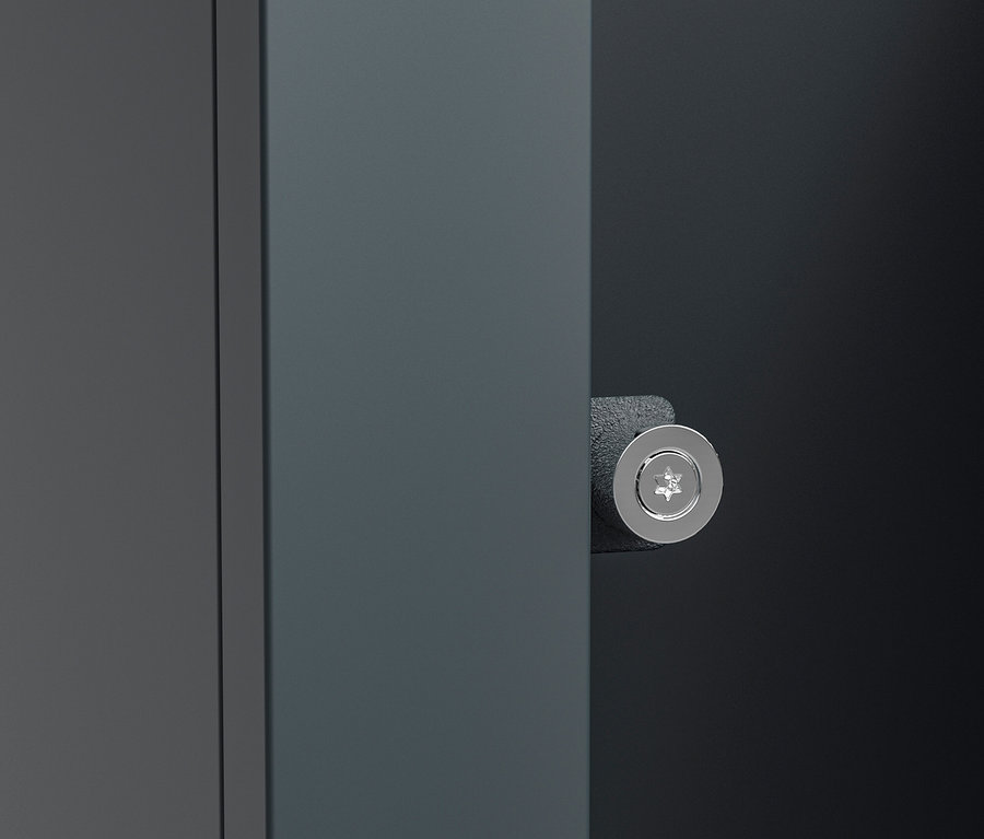 Detailaufnahme einer grauen Mülltonnenbox, 1er, mit Chromschloss.