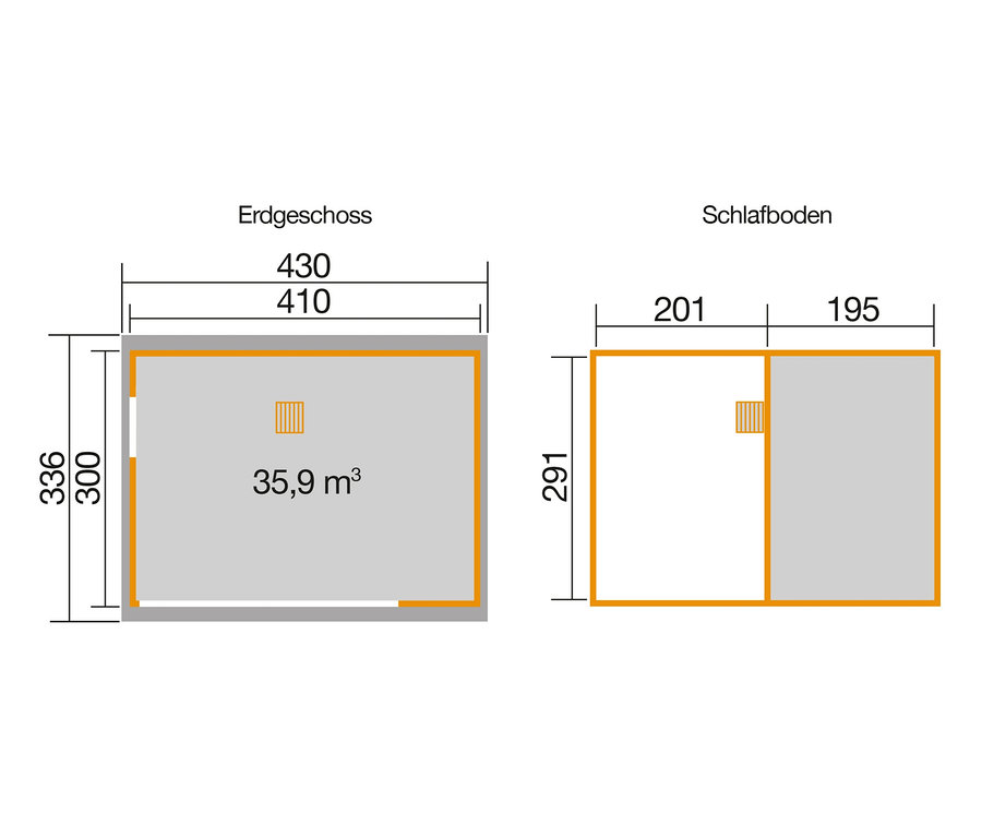 Grundriss des Weka Designhauses mit Schlafboden »M445A« mit 44 mm Wandstärke.