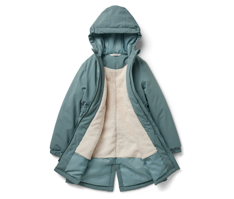 Geöffnete, hellblaue Kinder-Thermoparka mit Kapuze und weißem Fellfutter.