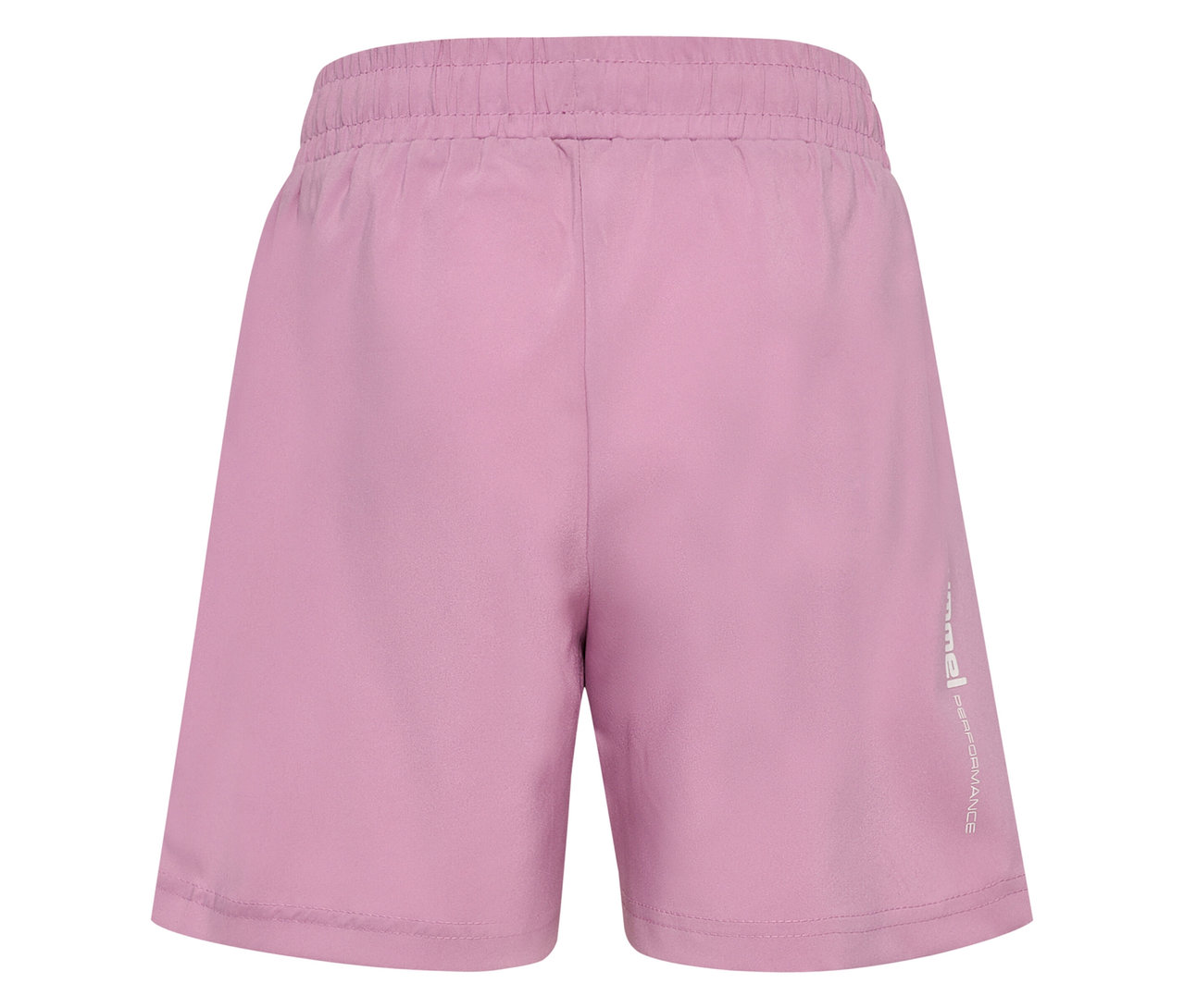 Rückansicht einer kurzen, rosafarbenen Hose mit Gummibund und kleinem, vertikalem, reflektierendem Logo am Bein.