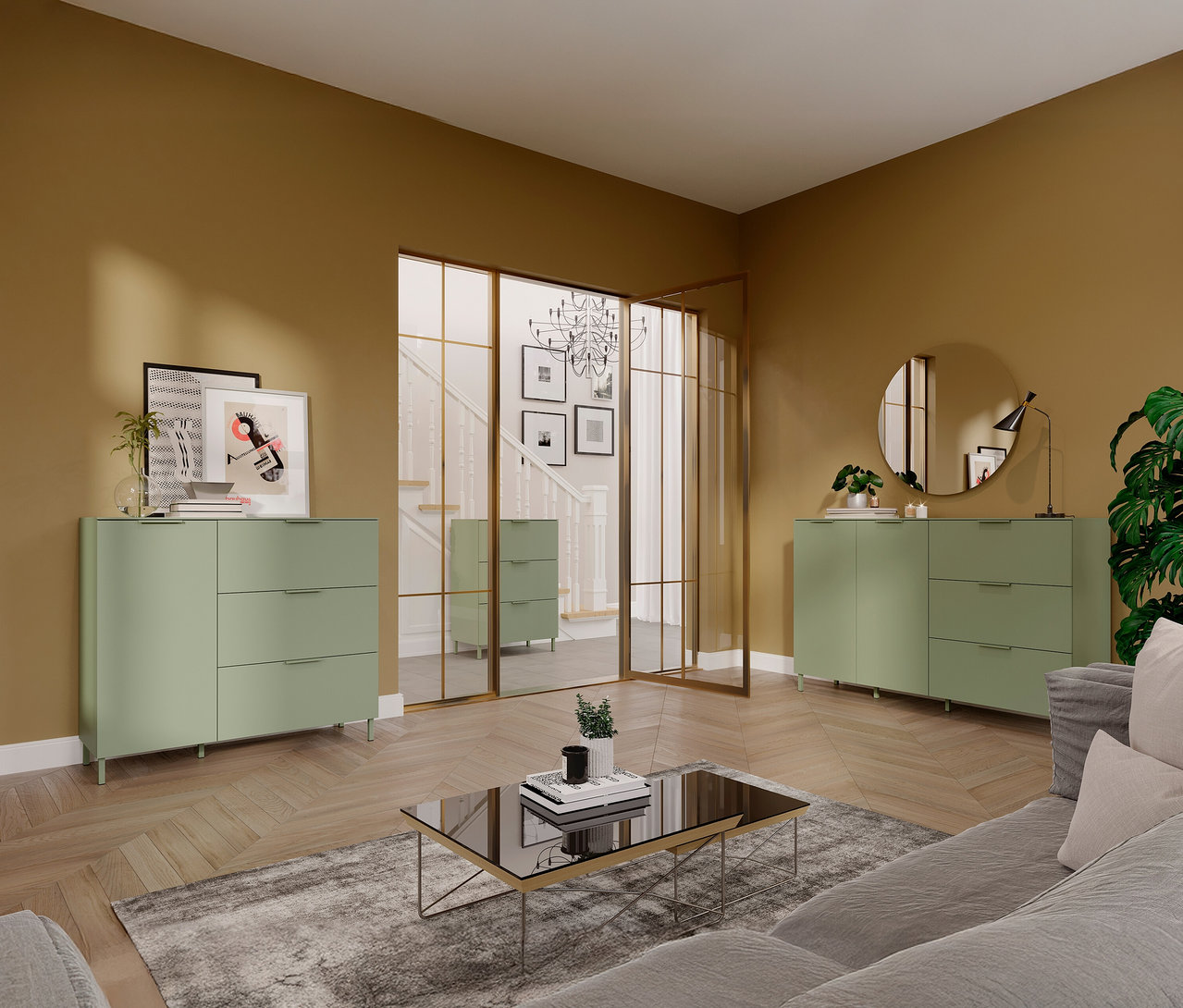 Wohnzimmer mit taupegrüner, kleiner »Savoca« Kommode, Couchtisch und Sofa.