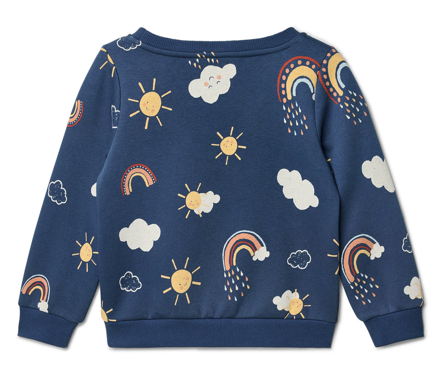 Blauer Pullover mit Sonnen-, Wolken- und Regenbogenmuster.