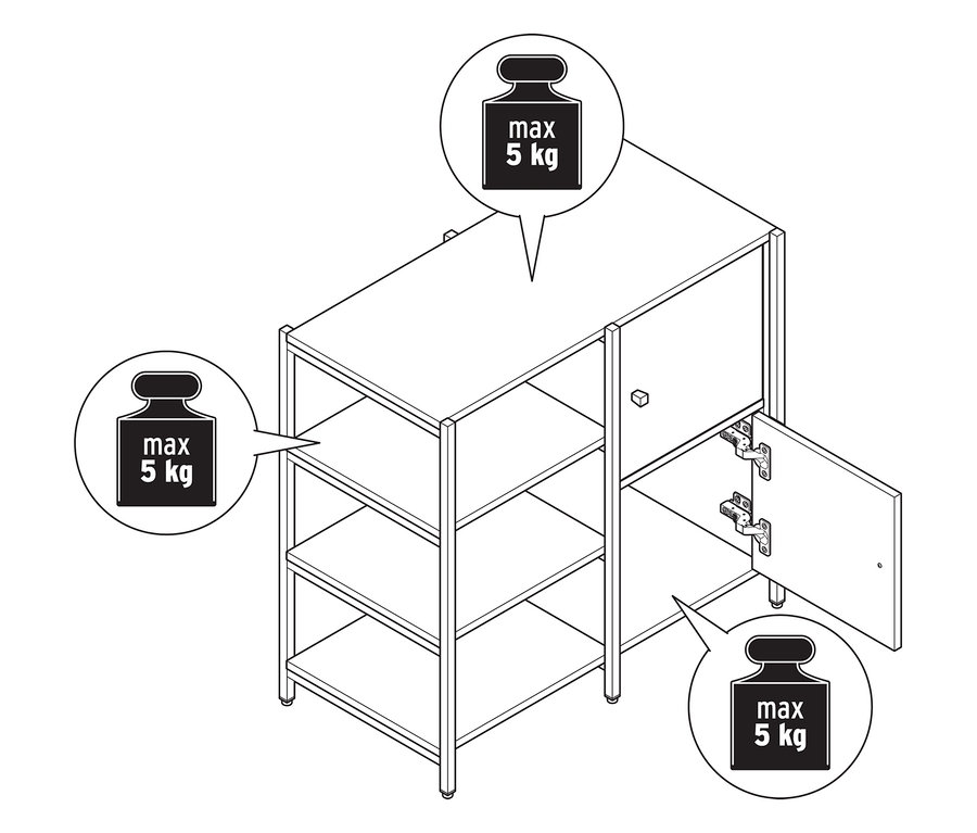 Draufsicht einer »GRADE« Kommode mit offenen Fächern und 2 Türen, mit Hinweisen zum maximalen Gewicht.