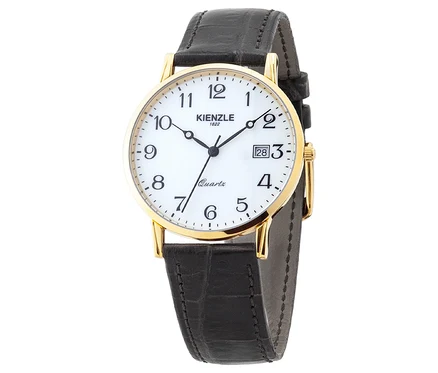 Nahaufnahme der Kienzle Uhr »Meister Klassik« in Goldfarbe mit schwarzem Lederarmband und weißem Zifferblatt.