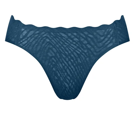 Dunkelblauer, transparenter Stringtanga aus gemustertem Netzstoff mit gewelltem Bund.