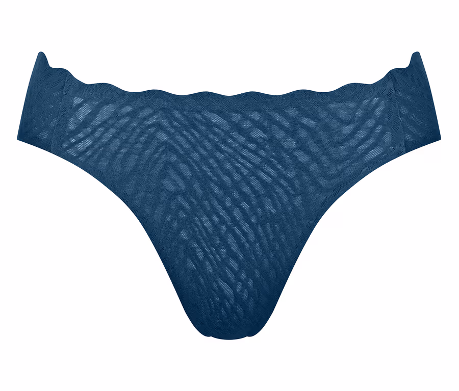Dunkelblauer, transparenter Stringtanga aus gemustertem Netzstoff mit gewelltem Bund.