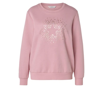 Ein rosafarbenes Rundhals-Sweatshirt mit langen Ärmeln und gerippten Bündchen. Auf der Vorderseite ist ein großes Sternmotiv aus kleineren goldenen Sternen abgebildet, umgeben von weiteren kleinen Sternen.