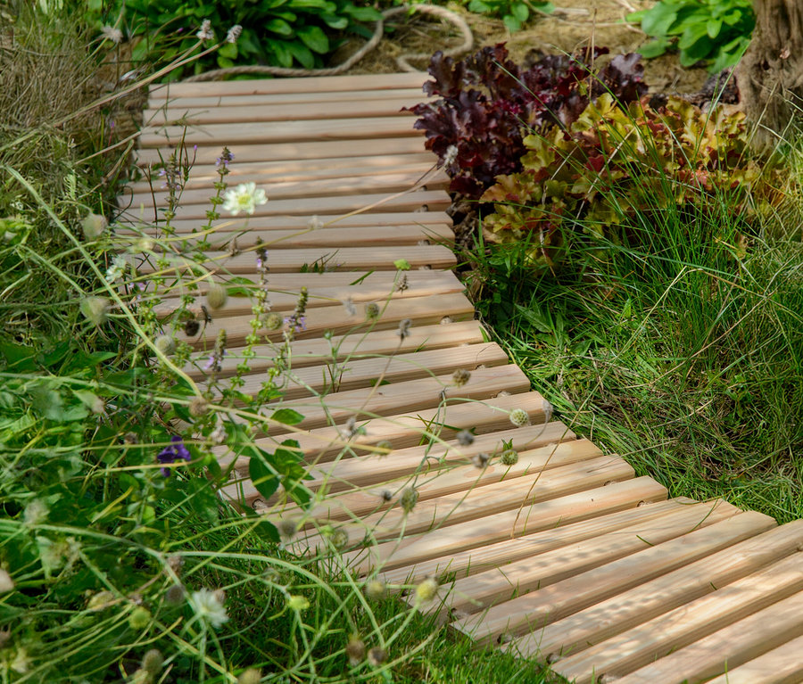 Holzsteg schlängelt sich durch einen Garten mit üppigem Grün.