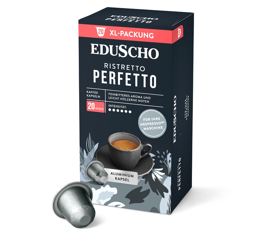 Eine Packung Eduscho Ristretto Perfetto Kaffeekapseln mit einer Aluminiumkapsel im Vordergrund.